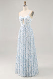 Blue Printed Floral Spaghetti Straps Cut Out Wedding Guest Dress