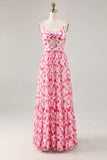 Blue Printed Floral Spaghetti Straps Cut Out Wedding Guest Dress