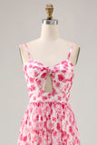 Blue Printed Floral Spaghetti Straps Cut Out Wedding Guest Dress