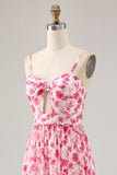 Blue Printed Floral Spaghetti Straps Cut Out Wedding Guest Dress