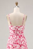 Blue Printed Floral Spaghetti Straps Cut Out Wedding Guest Dress