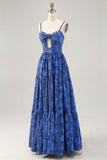 Floral A Line Blue Spaghetti Straps Cut Out Wedding Guest Dress
