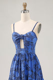 Floral A Line Blue Spaghetti Straps Cut Out Wedding Guest Dress
