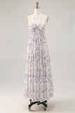 Floral Ruched A Line Blue Halter Long Wedding Guest Dress