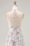 Floral Ruched A Line Blue Halter Long Wedding Guest Dress
