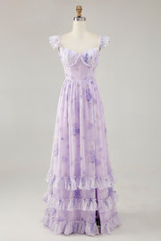 Lavender Flower Printed Ruffled A Line Bridesmaid Dress with Slit