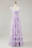 Lavender Flower Printed Ruffled A Line Bridesmaid Dress with Slit