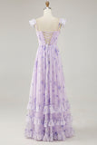 Lavender Flower Printed Ruffled A Line Bridesmaid Dress with Slit