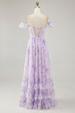 Lavender Flower Printed Ruffled A Line Bridesmaid Dress with Slit