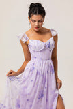 Lavender Flower A Line Printed Ruffled Corset Bridesmaid Dress with Slit