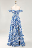 Off The Shoulder Ruffled Printed Blue Wedding Guest Dress with Slit