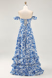 Off The Shoulder Ruffled Printed Blue Wedding Guest Dress with Slit