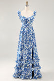 Off The Shoulder Ruffled Printed Blue Wedding Guest Dress with Slit