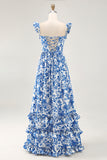 Off The Shoulder Ruffled Printed Blue Wedding Guest Dress with Slit
