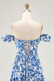 Off The Shoulder Ruffled Printed Blue Wedding Guest Dress with Slit
