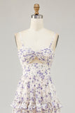 Purple Flower Printed A Line Cut Out Wedding Guest Dress with Slit