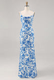 Blue Flower Cowl Neck Mermaid Long Wedding Guest Dress