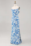 Blue Flower Cowl Neck Mermaid Long Wedding Guest Dress