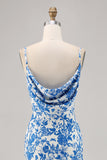 Blue Flower Cowl Neck Mermaid Long Wedding Guest Dress