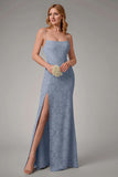 Dusty Blue Sheath Spaghetti Straps Bridesmaid Dress with Slit
