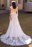 Ivory V Neck A Line Wedding Dress with Lace