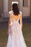 Ivory V Neck A Line Wedding Dress with Lace