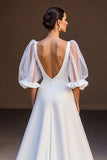 Ivory A Line V Neck Satin Ruched Long Wedding Dress