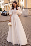 Ivory A Line Long Sleeves Appliqued Wedding Dress
