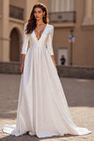 A Line 3/4 Sleeve Satin Ivory Long Wedding Dress