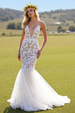 Mermaid Ivory V Neck Appliqued Lace Wedding Dress