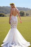 Mermaid Ivory V Neck Appliqued Lace Wedding Dress