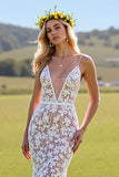Mermaid Ivory V Neck Appliqued Lace Wedding Dress
