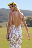 Mermaid Ivory V Neck Appliqued Lace Wedding Dress