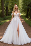 Off The Shoulder Ivory Corset A Line Appliqued Wedding Dress