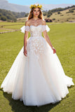 Off The Shoulder A Line Appliqued Ivory Corset Wedding Dress