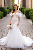 Cold Shoulder Ruffled Ivory Mermaid Lace Wedding Dress