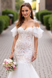 Cold Shoulder Ruffled Ivory Mermaid Lace Wedding Dress