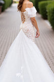 Cold Shoulder Ruffled Ivory Mermaid Lace Wedding Dress