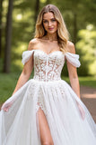 Off The Shoulder Corset Ivory A Line Wedding Dress with Slit