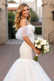 Off The Shoulder Ruffled Ivory Mermaid Wedding Dress