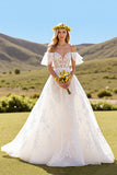 Ruffled Off The Shoulder Ivory A Line Wedding Dress