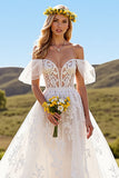 Ruffled Off The Shoulder Ivory A Line Wedding Dress