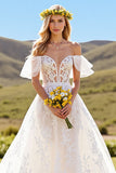 Ruffled Off The Shoulder Ivory A Line Wedding Dress