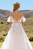 Ruffled Off The Shoulder Ivory A Line Wedding Dress