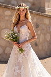 A Line Appliqued V Neck Ivory Lace Wedding Dress