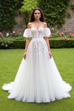 Off The Shoulder Ivory A Line Corset Wedding Dress