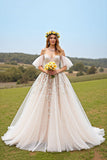 Off The Shoulder Apricot A Line Wedding Dress