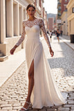 A Line Round Neck Ivory Wedding Dress with Slit