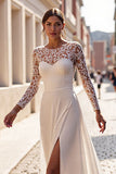 A Line Round Neck Ivory Wedding Dress with Slit