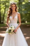 Ivory A Line V Neck Corset Tulle Long Wedding Dress